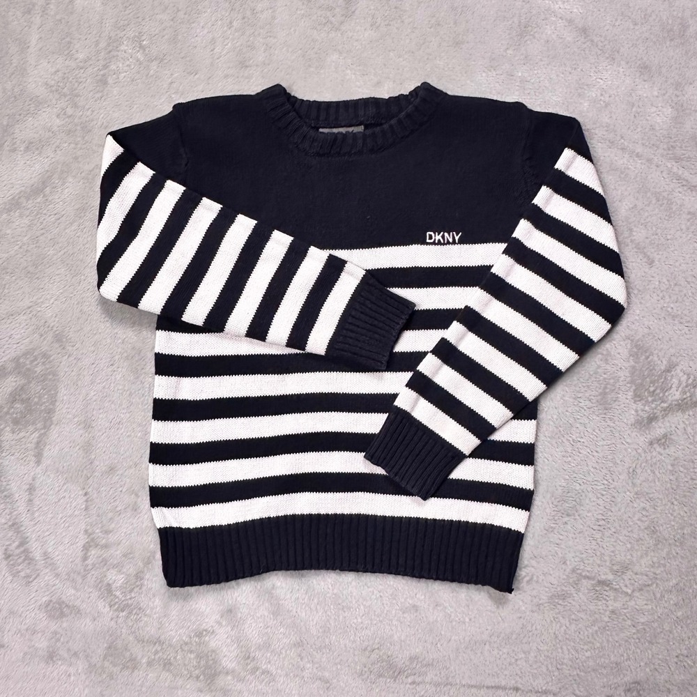 DKNY Kids Navy Striped Logo Sweater Preppy Coastal Chic Knit Crewneck‎